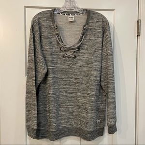 NWOT PINK Grey Sweatshirt w/ Lace Up Neckline